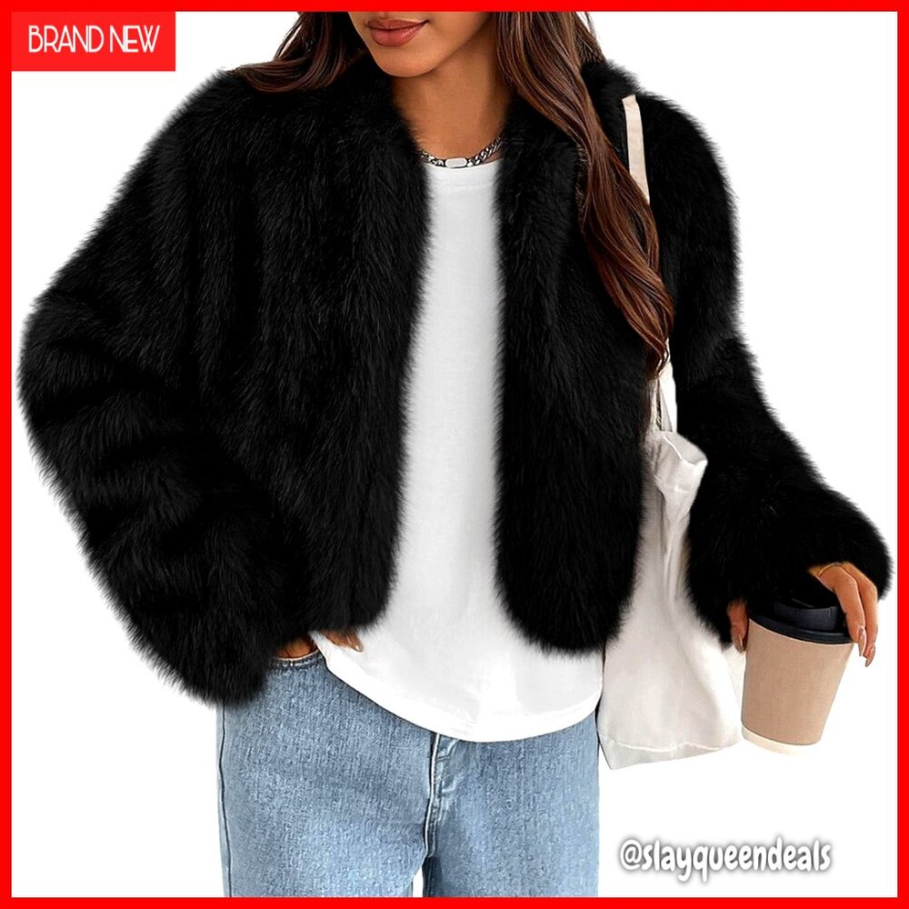 Faux Fur Cropped Jacket Open Front Long Sleeve Winter Coat Women's Outerwear